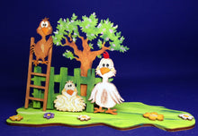 Lade das Bild in den Galerie-Viewer, Bastelset aus Holz: Schild mit Küken, Gockel und Henne zum Hinstellen