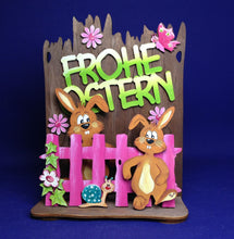 Lade das Bild in den Galerie-Viewer, Türschild aus Holz, Frohe Ostern mit Hasen