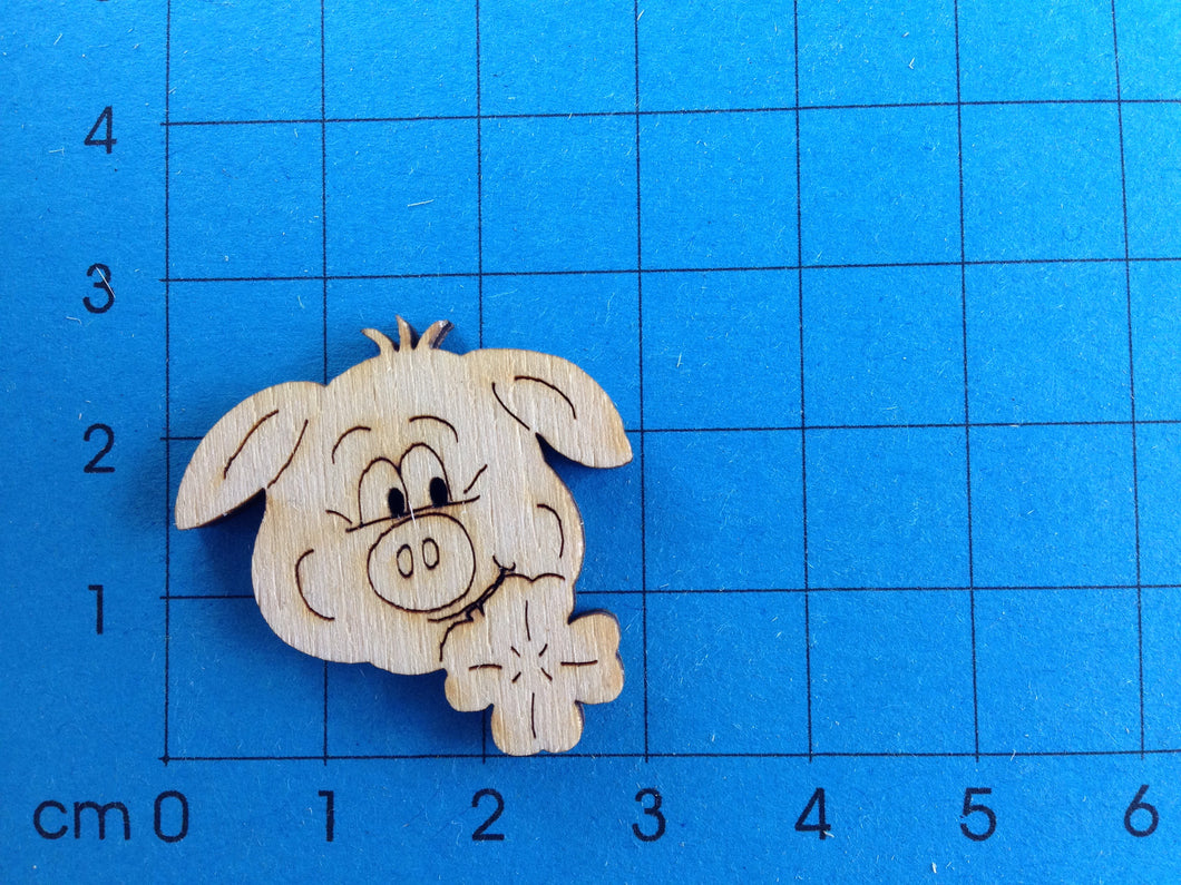 Schweinekopf mit Kleeblatt Knopf aus Holz