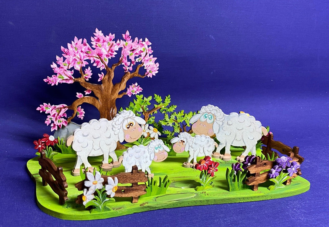 Komplettset aus Holz: Weide mit 4 Schafe und Zubehör