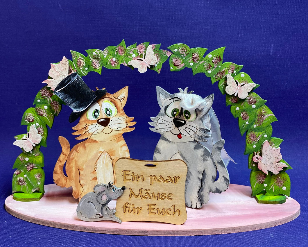 Komplettset: Katzen-Brautpaar mit Blätterbogen 